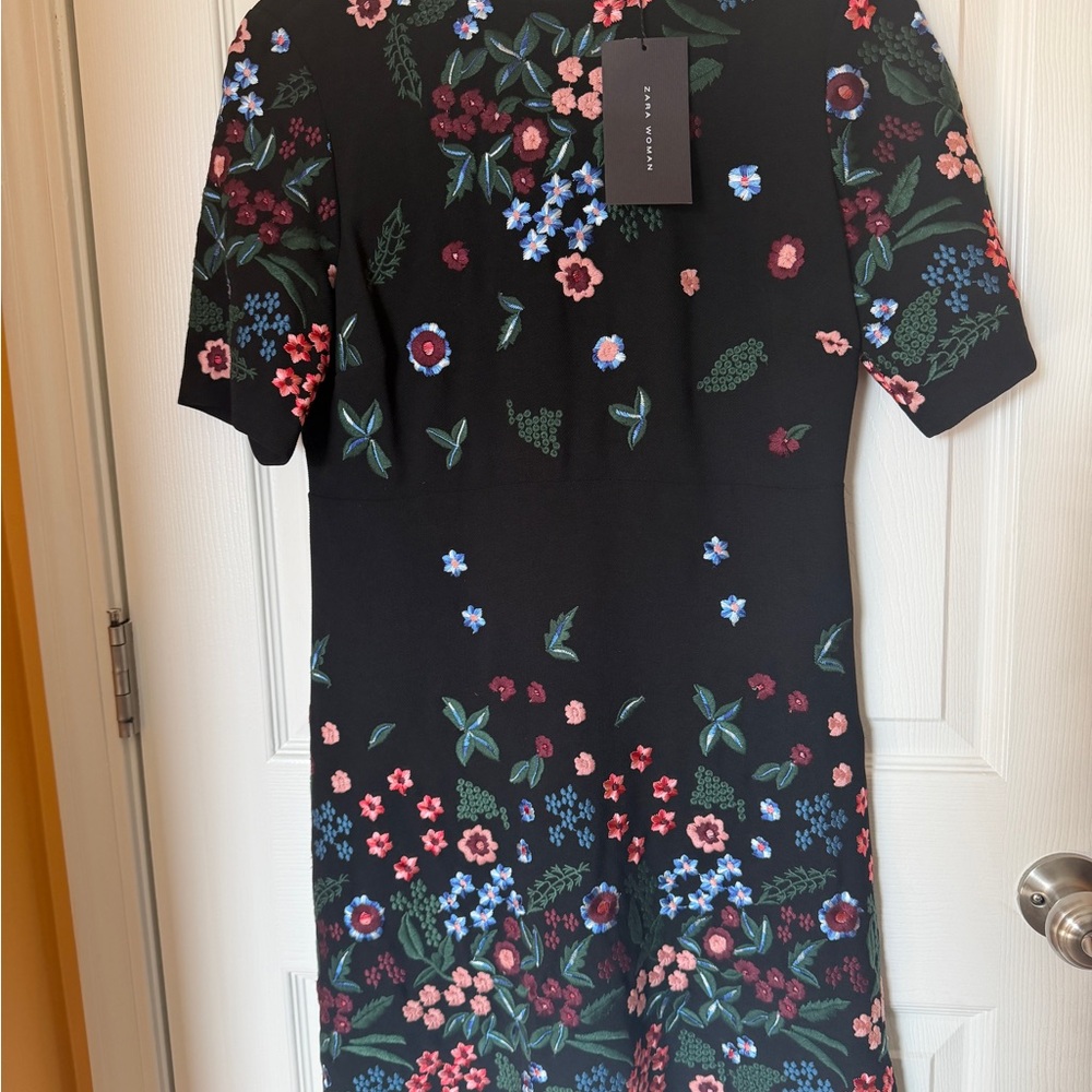 Zara Black Mini Dress with Pink, Blue and Green Floral Print